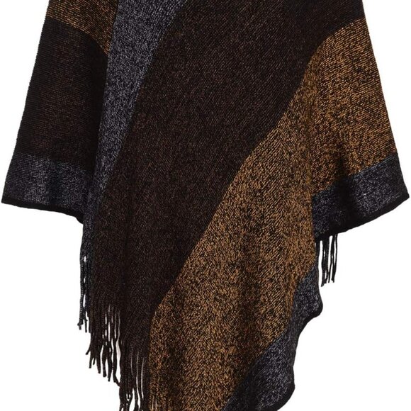 Women's Elegant Knitted Shawl Poncho with Fringed V-Neck Striped Sweater Pullove - Picture 1 of 8